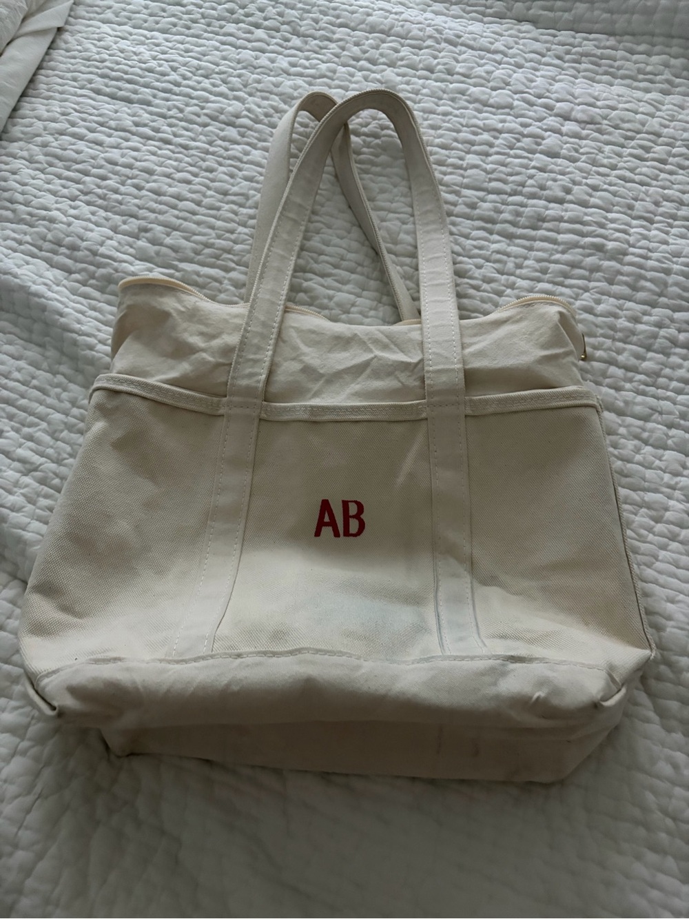 L.L. Bean Cream Canvas Tote with Red Monogram AB